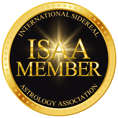 Gold and black badge with text 'ISAA Member' and 'International Sidereal Astrology Association' encircling it.