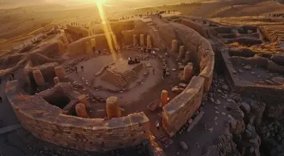 Ancient archaeological site with a circular stone structure and ruins illuminated by sunset, Gobekli tepe