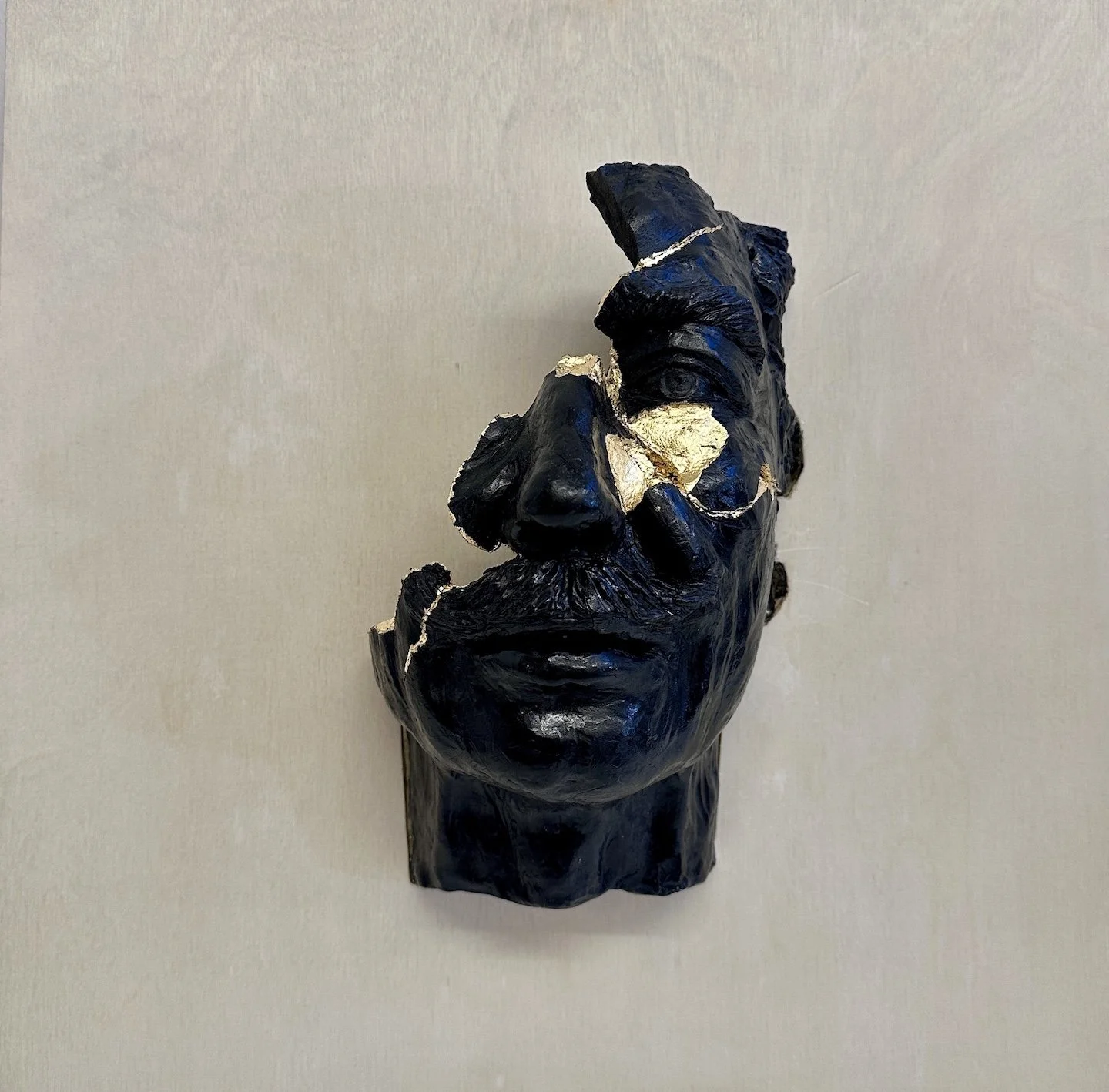 Broken Yet Resilient, Fired Clay, Ink & Gold Leaf, 16 x 16 x 6 inches