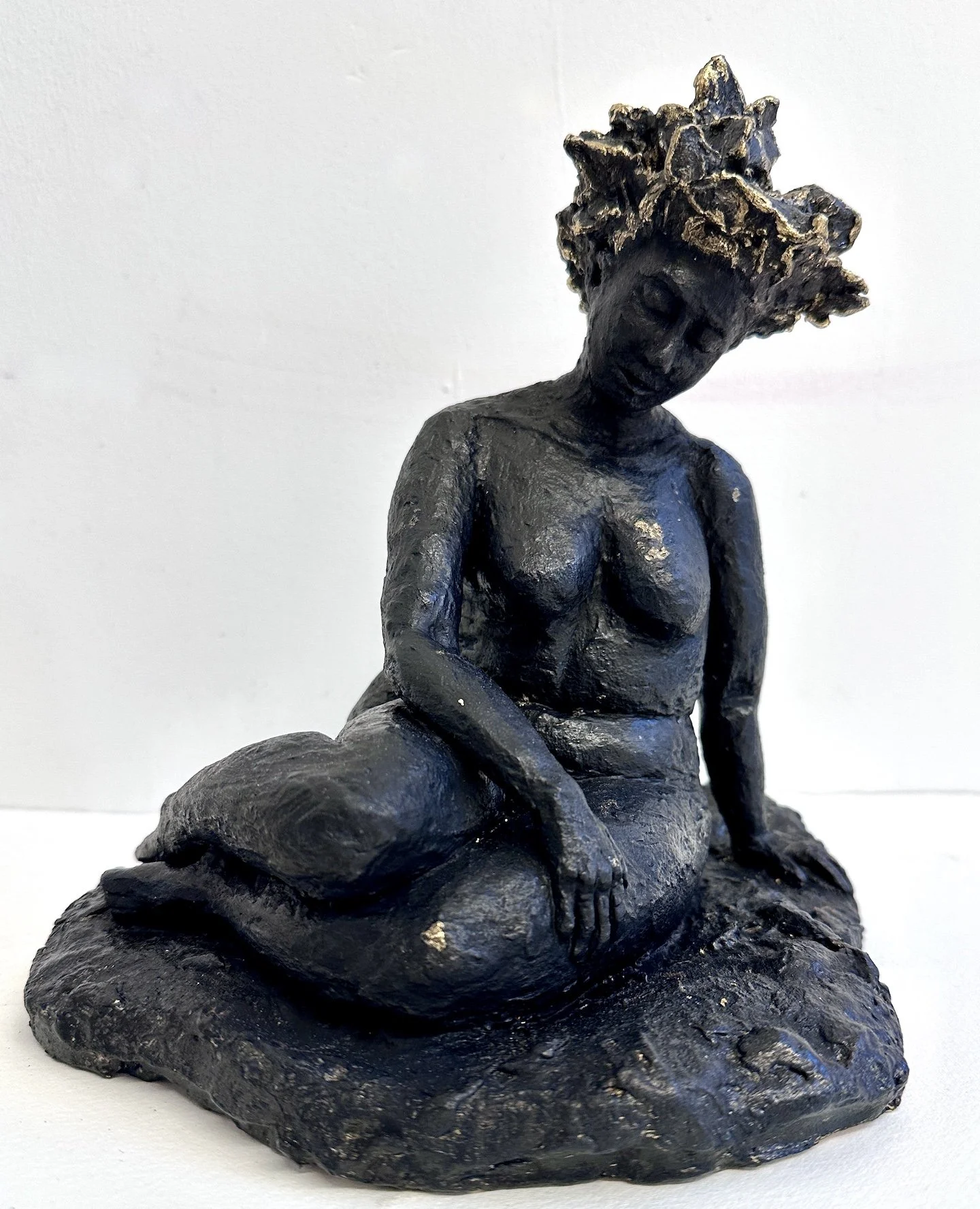 Weight of Resilience, Fired Clay, Ink, Gold Acrylic, 9 x 9 x 7.5 inches