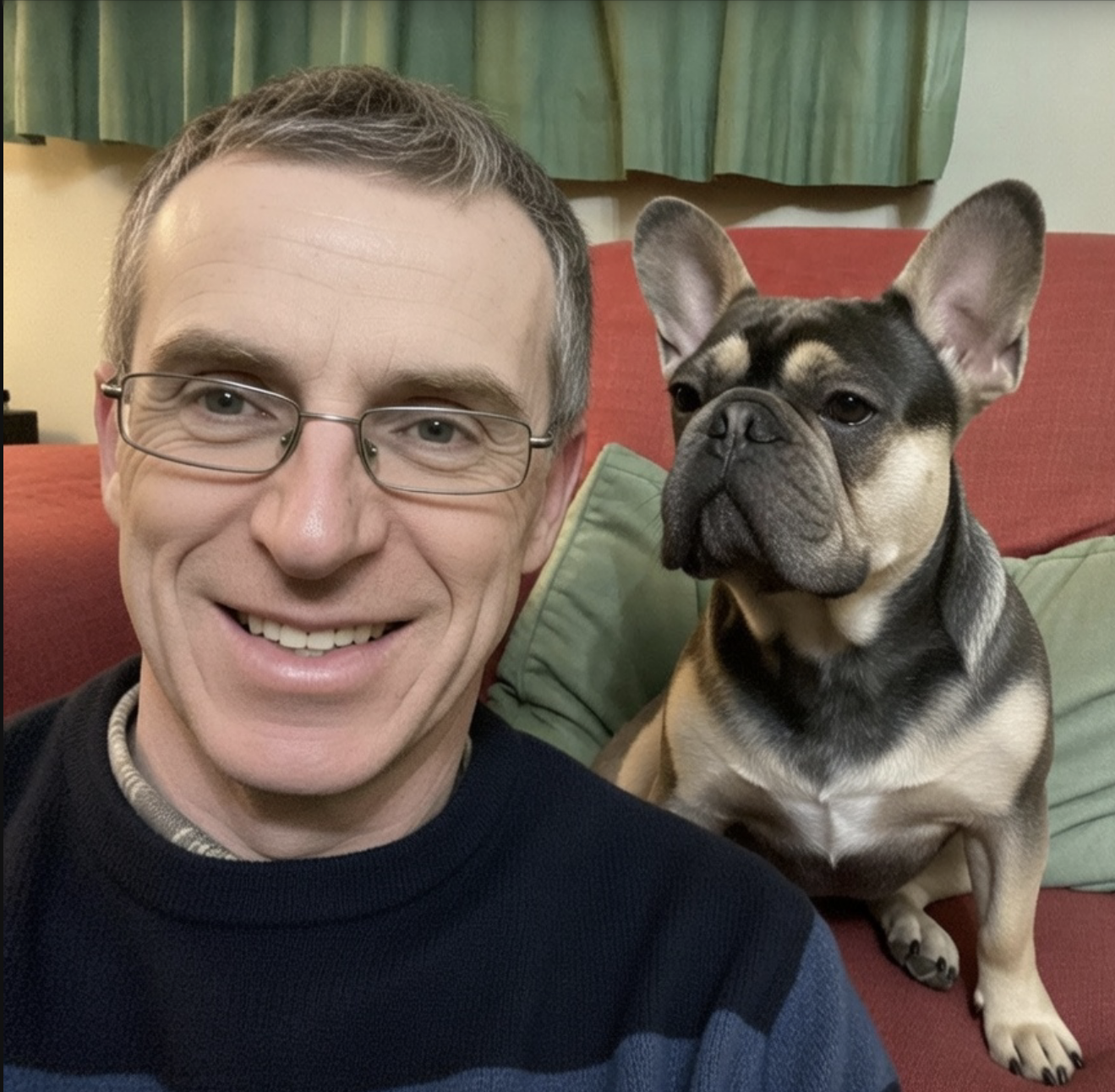 A man with glasses smiling next to a French bulldog sitting on a couch, with green and red cushions and green curtains in the background.