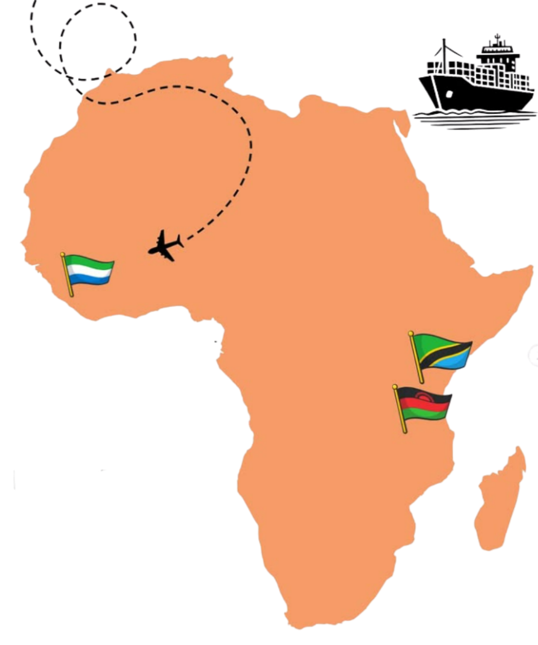 Map of Africa with flags of Malawi, Tanzania, and Sierra Leone.