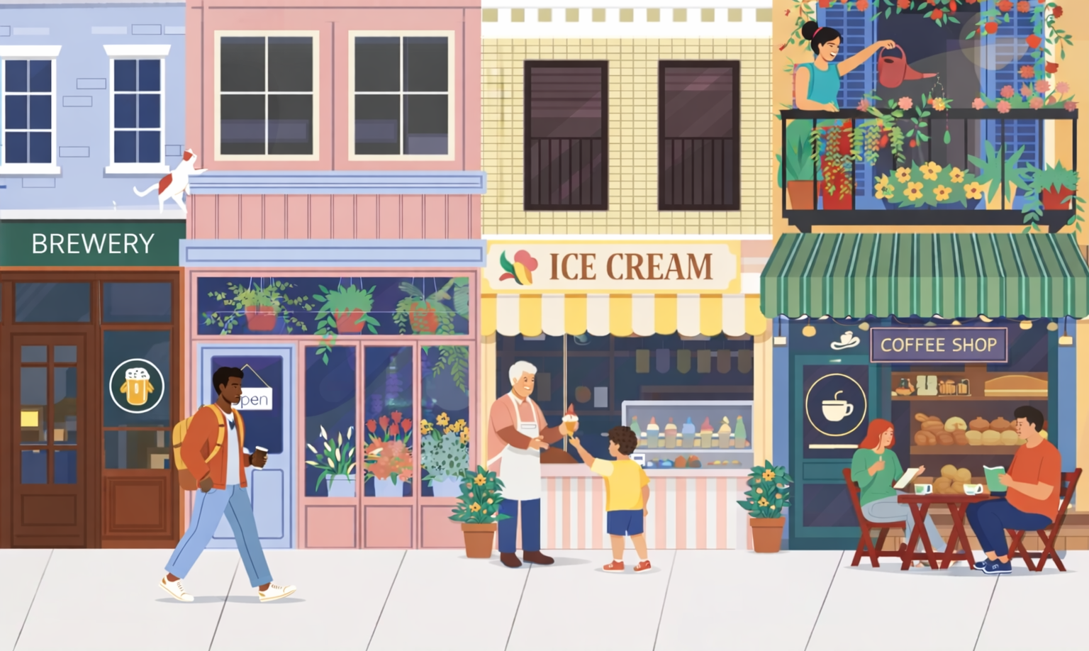A colorful city street with a brewpub, ice cream shop, and coffee shop. A man walks with a backpack, a boy receives ice cream from a vendor, and two people sit outdoors at a table.