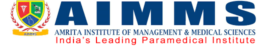 AIMMS logo with shield emblem and the text 'AIMMS: Amrita Institute of Management & Medical Sciences, India's leading paramedical institute'