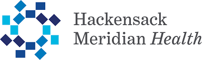 Logo for Hackensack Meridian Health with a geometric blue icon and gray text