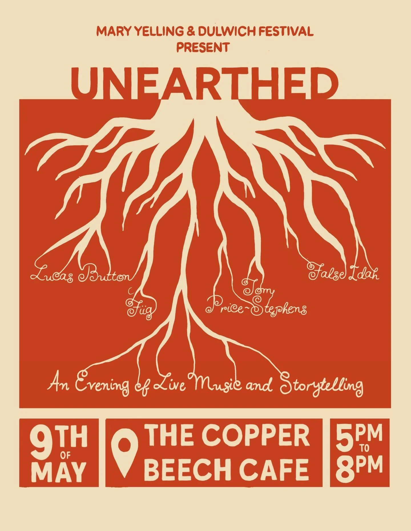 Thrilled to announce the lineup for Unearthed - an evening of live music and storytelling performed &lsquo;in the round&rsquo; at The Copper Beech Cafe on the 9th of May 🧡

Tickets available now!