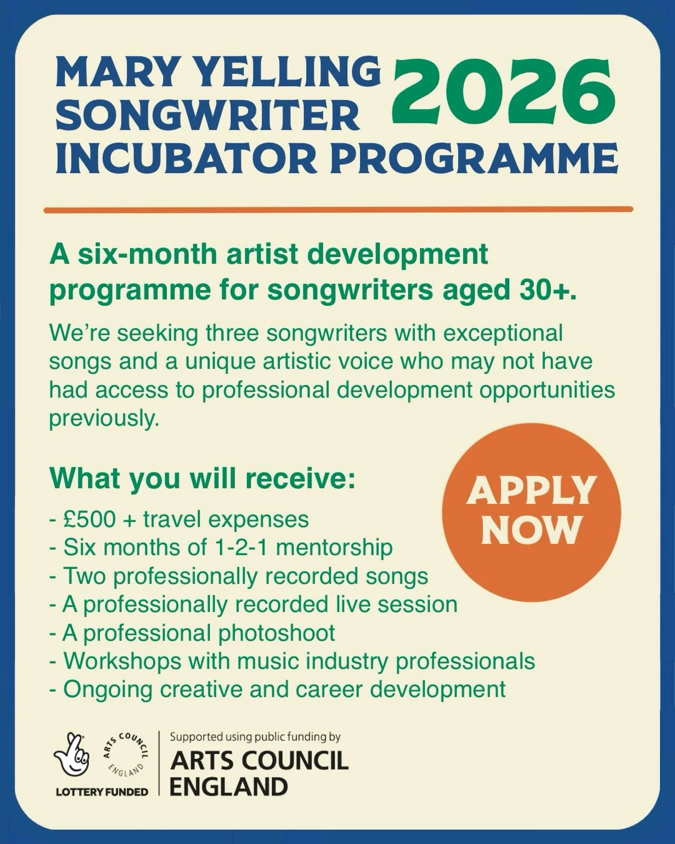 We are inviting submissions to our brand new Songwriting Incubator Programme, proudly supported by @aceagrams 

Designed for songwriters aged 30 and over, this six-month development programme is for those with exceptional songs, but who may not yet h