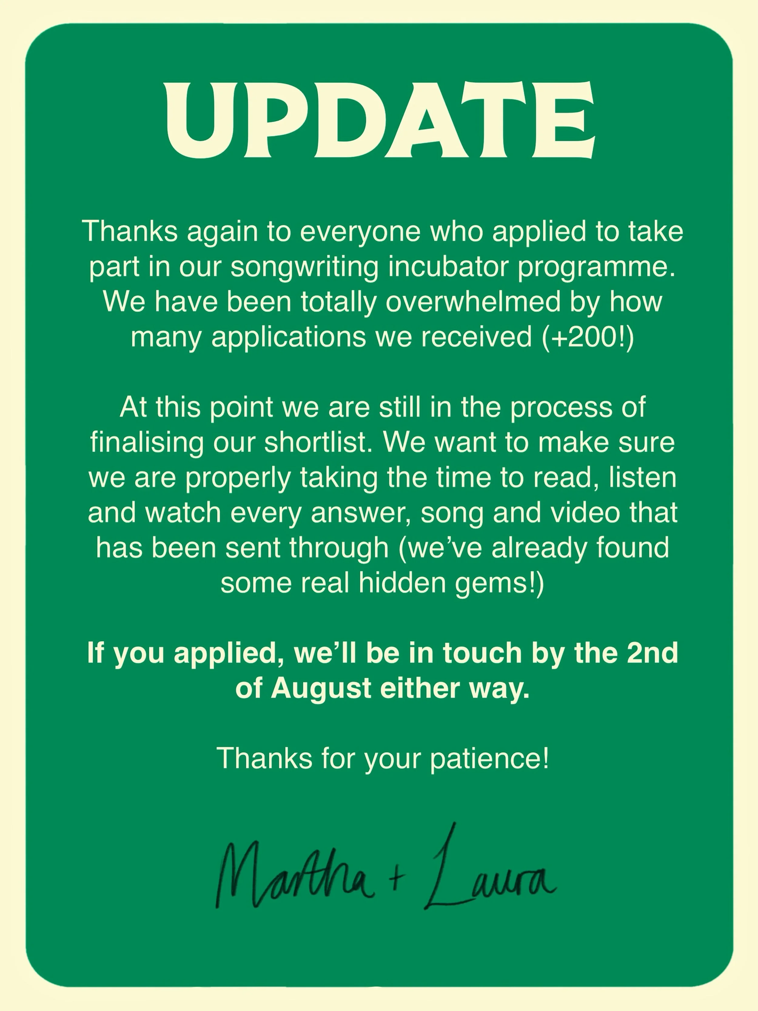 We&rsquo;ve been getting a few messages from applicants wondering when they should expect to hear from us so here&rsquo;s an update on where we&rsquo;re at :)