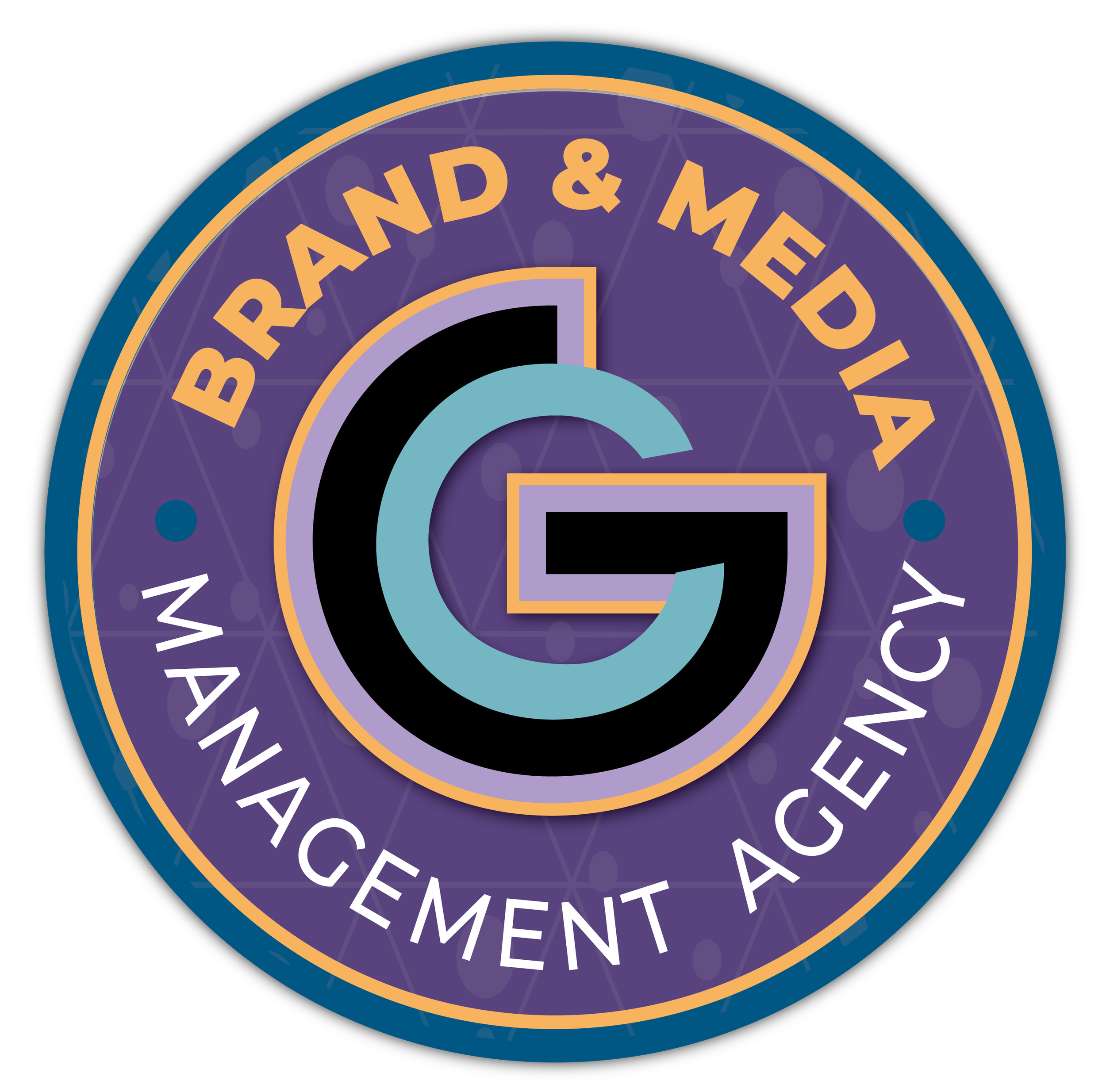 Close-up of a circular badge with the words 'brand and medium' written around the perimeter, featuring geometric patterns and a color palette of purple, blue, and gold.