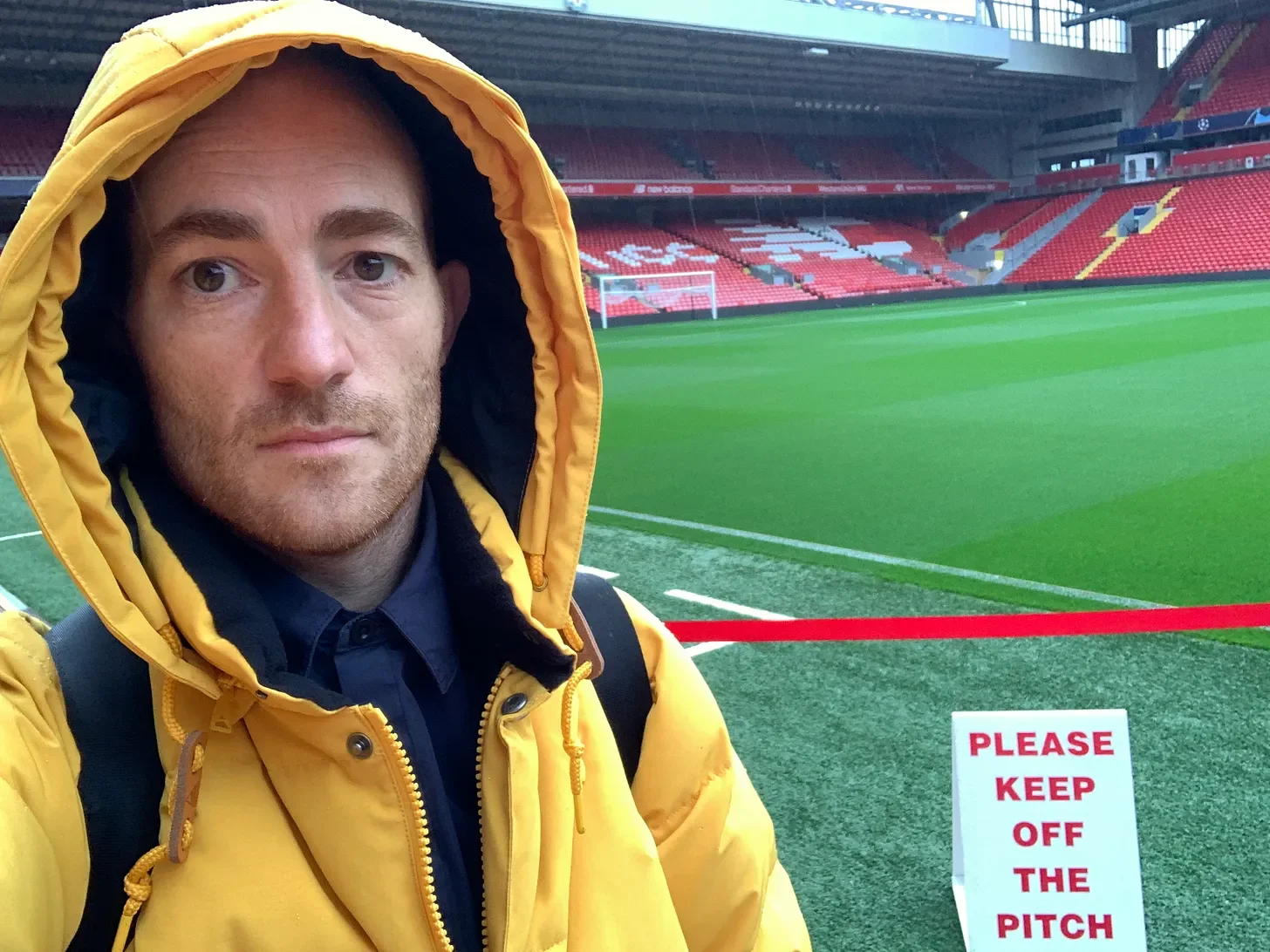 Tomas Leach on set at Anfield, Liverpool's stadium