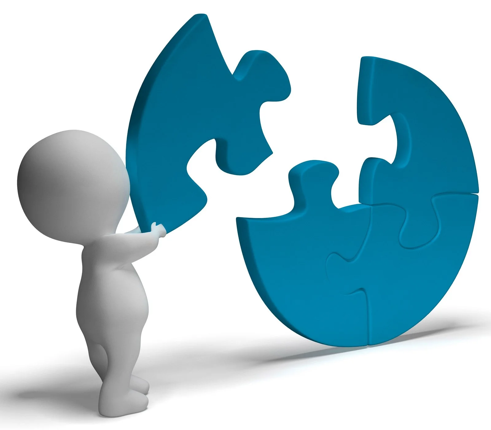 A 3D-rendered figure holding a blue jigsaw puzzle piece, standing in front of a partially assembled blue circular puzzle.