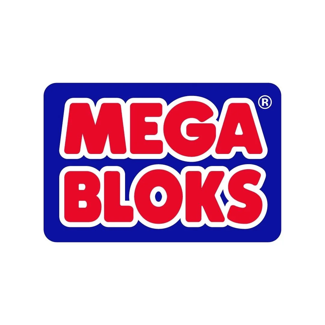 Mega Bloks logo with bold red lettering and a blue background