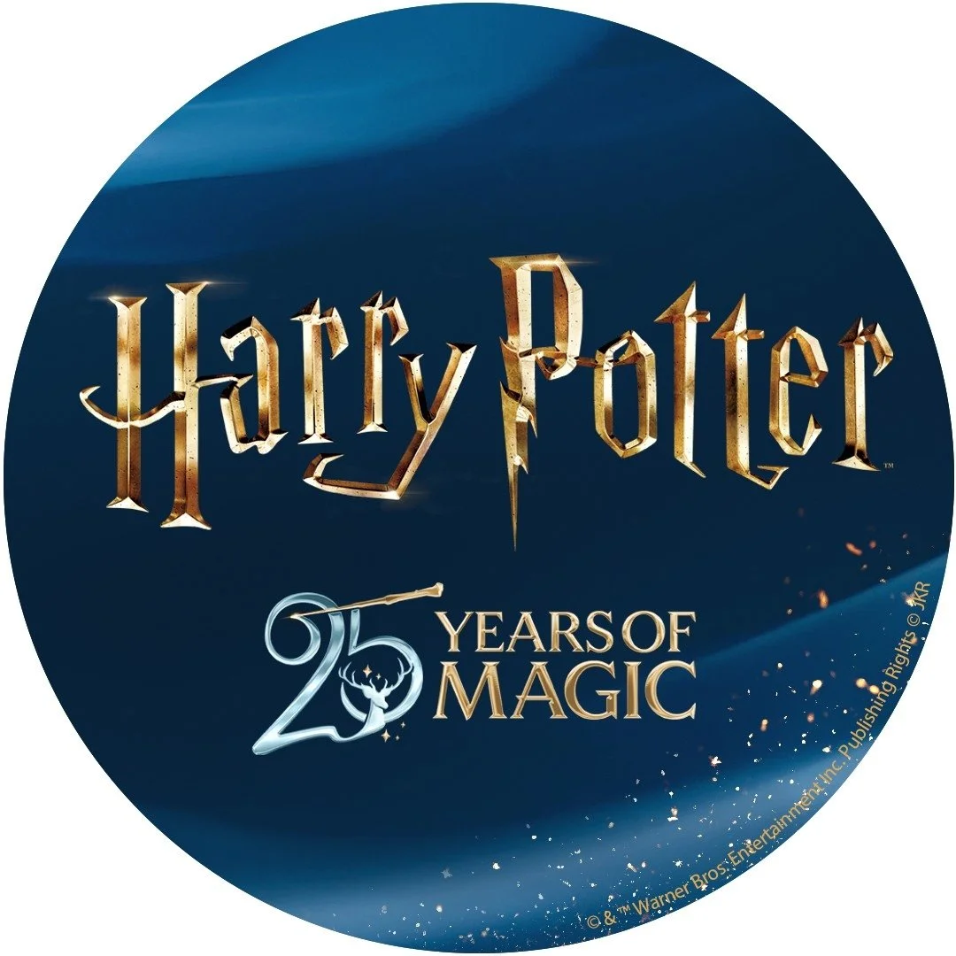 Harry Potter 20 Years of Magic logo with dark blue background and gold text.