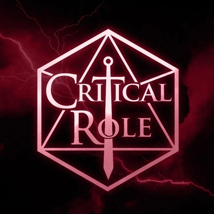 Logo with the words 'Critical Role' inside a pink 20-sided die outline, with a sword and an anchor crossing in the center, set against a dark background with lightning.