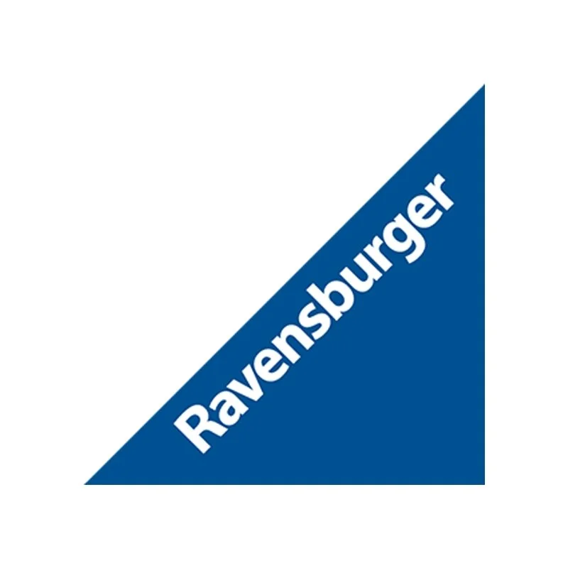 Blue right-angled triangle with the word 'Ravensburger' written diagonally in white letters.