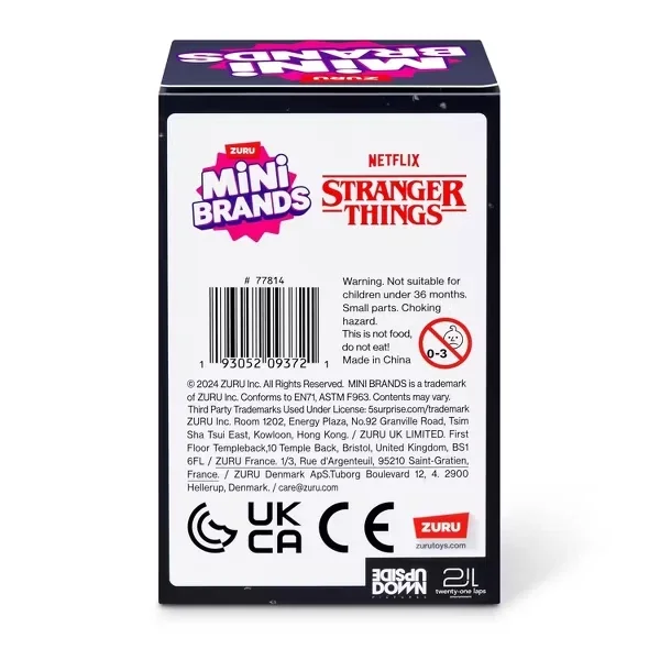 Netflix series Stranger things blind box collectible stock image of packaging with the products disclaimers and details printed on it.