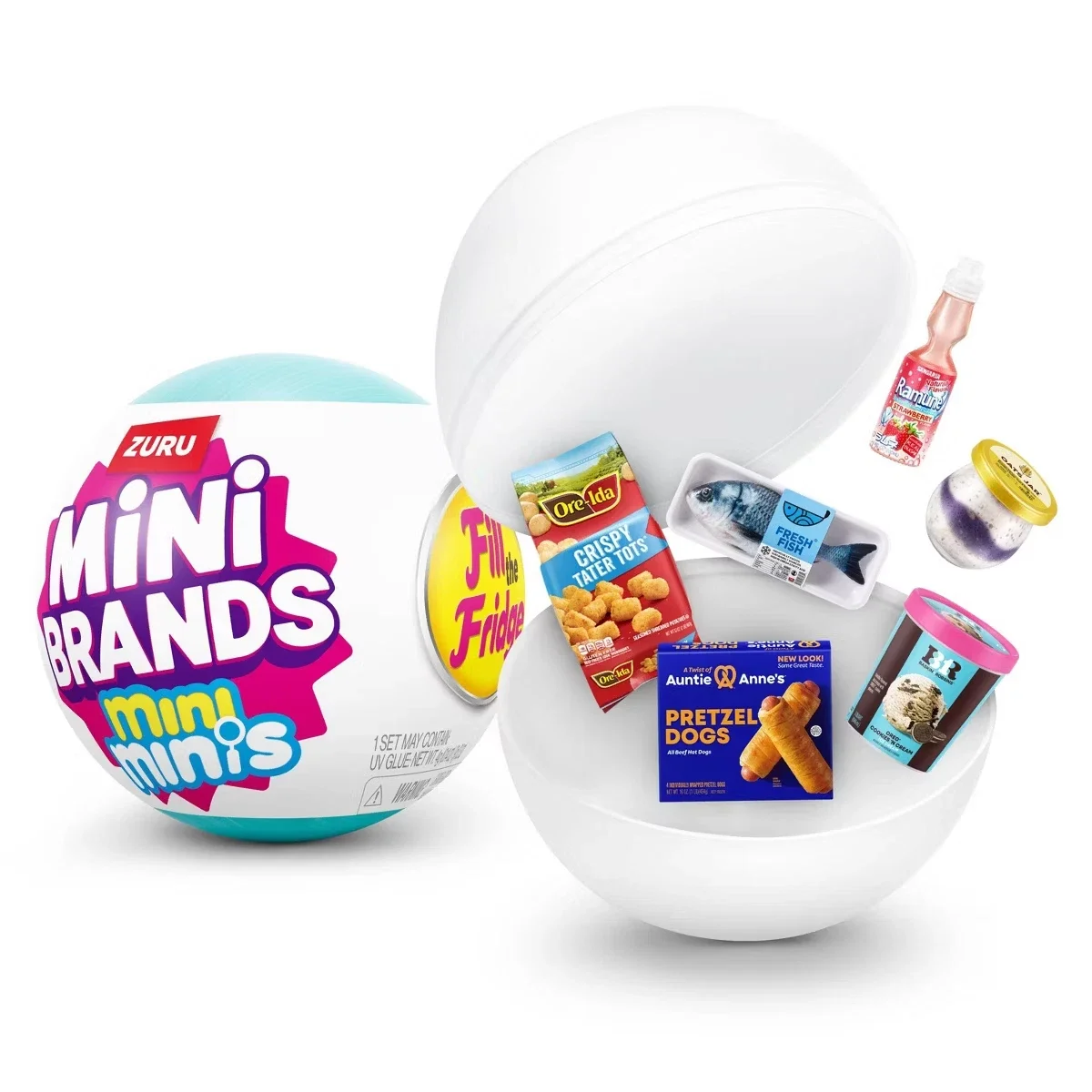 ZURU Mini Brands fill the fridge series 1  set packaging with branding surrounded by the various miniatures that are part of this collectible set