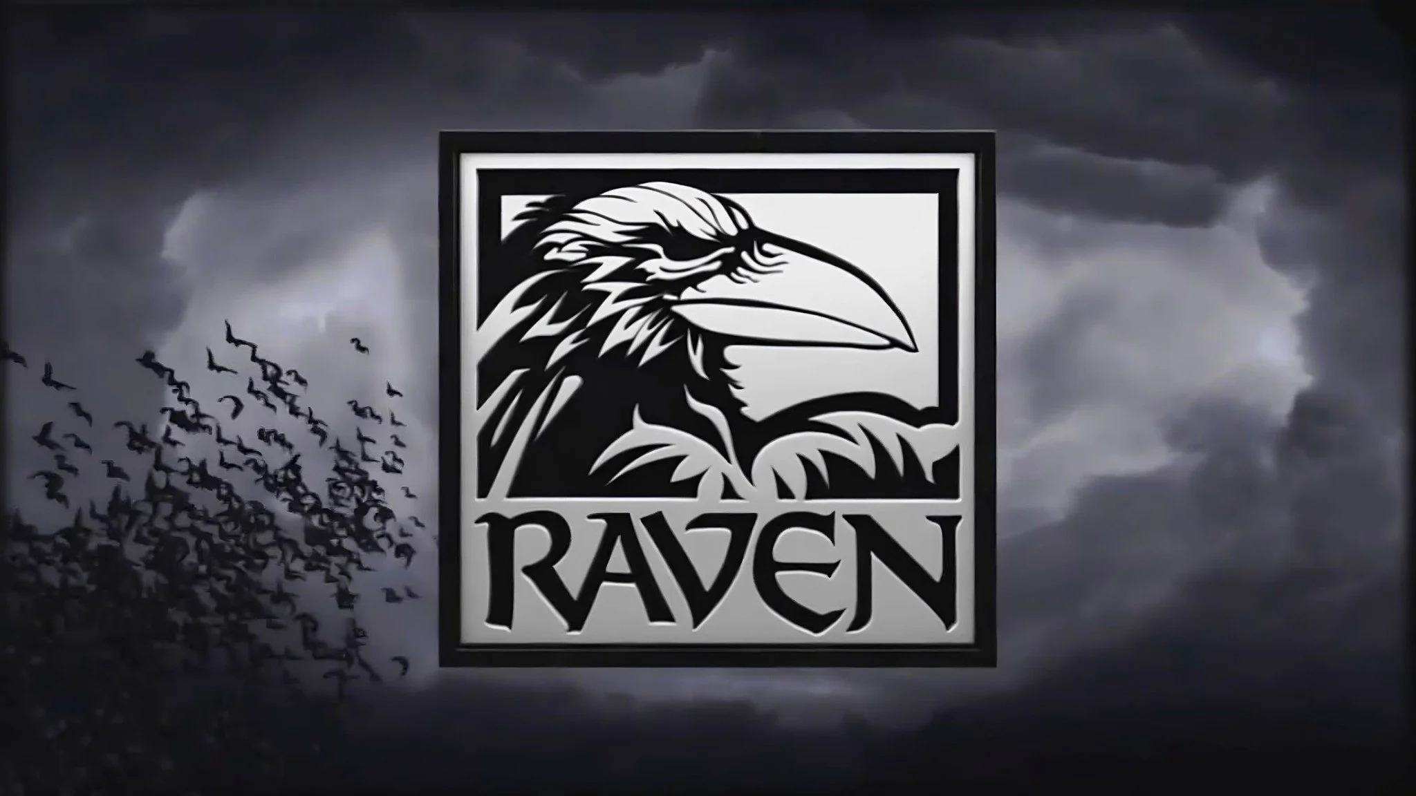 A stylized black and white logo of a raven's head in profile with the word 'RAVEN' beneath it, set against a cloudy sky background with a flock of birds flying on the left side.