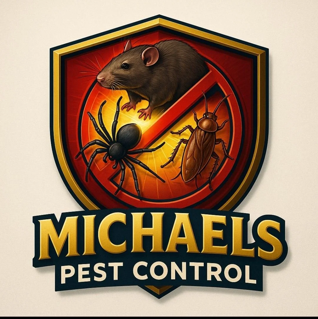 Michaels Pest Control Logo featuring a red shield trimmed in gold displaying a red circle and slash through over images of a mouse, spider, and cockroach with the words Michaels Pest Control written at the bottom of the shield point.