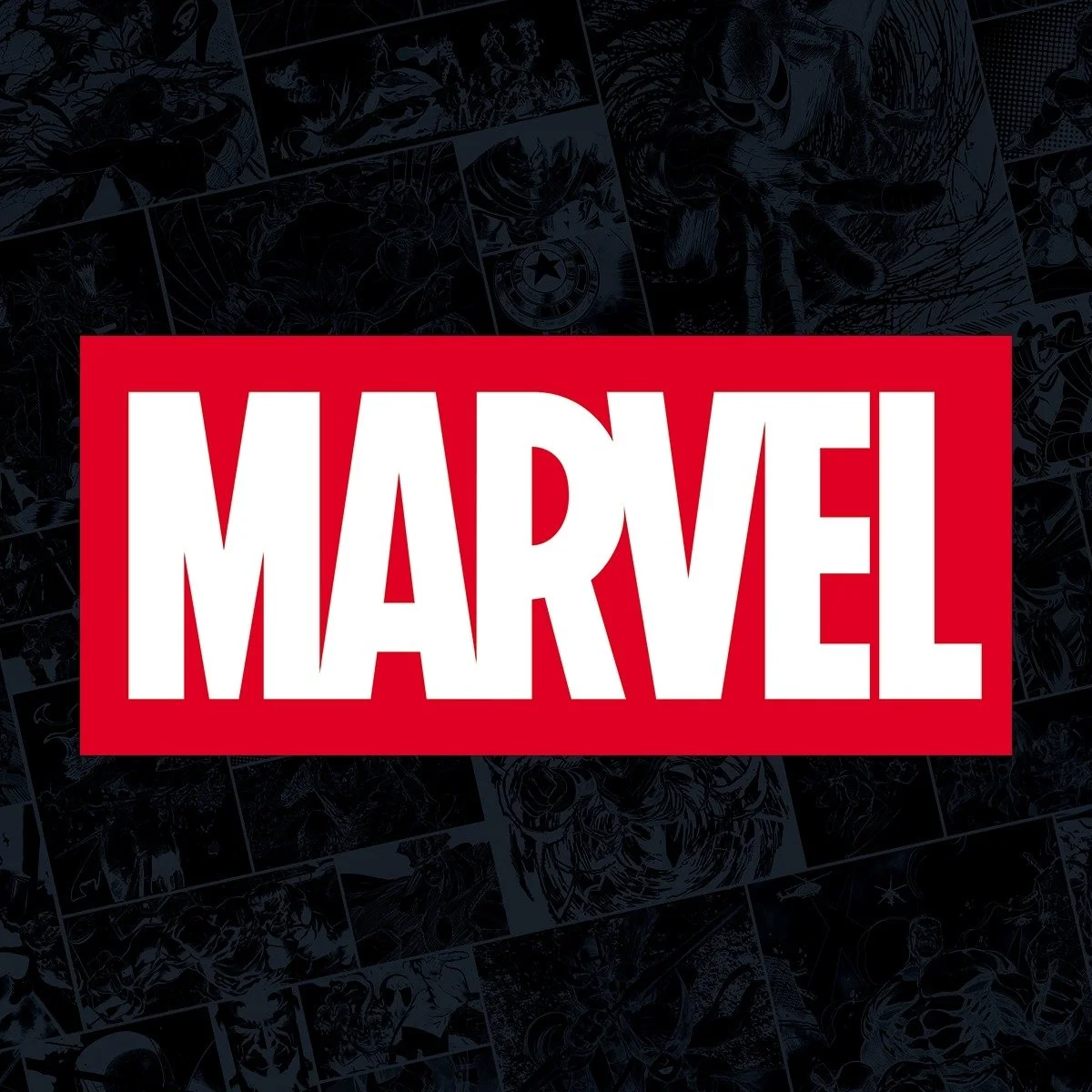 Marvel logo in white text on a red background, with a dark comic book collage in the background.