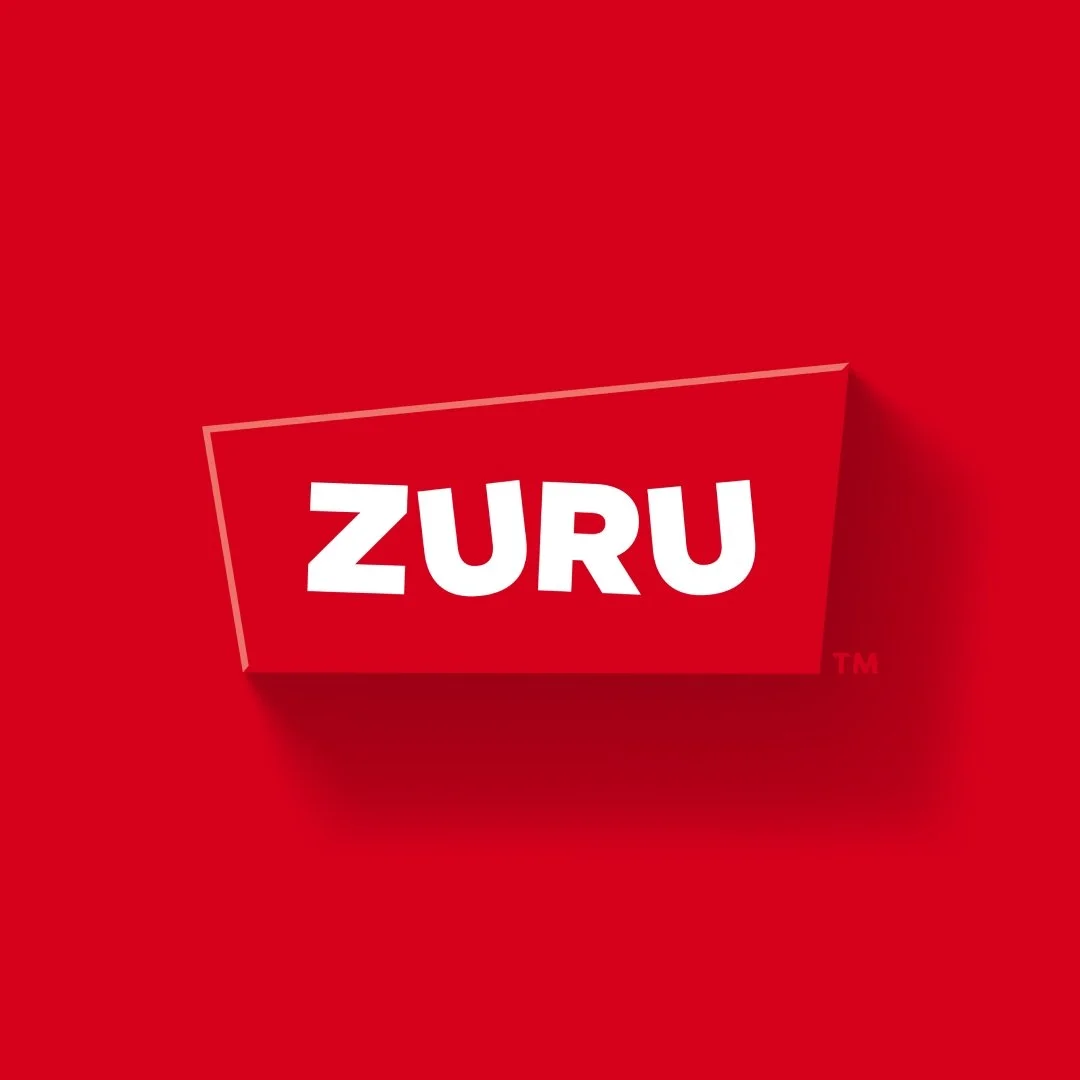 Red background with a red three-dimensional and slightly tilted ZURU logo in the center, featuring white bold text.