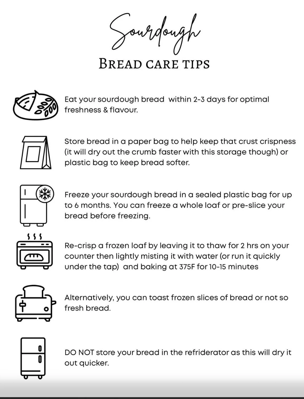 Instruction sheet for sourdough bread care tips. Includes icons and tips for storing, freezing, rebaking, and toasting sourdough bread.