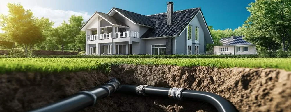 A house with a black pipe system underground for plumbing, set in a green lawn with trees and a clear sky.