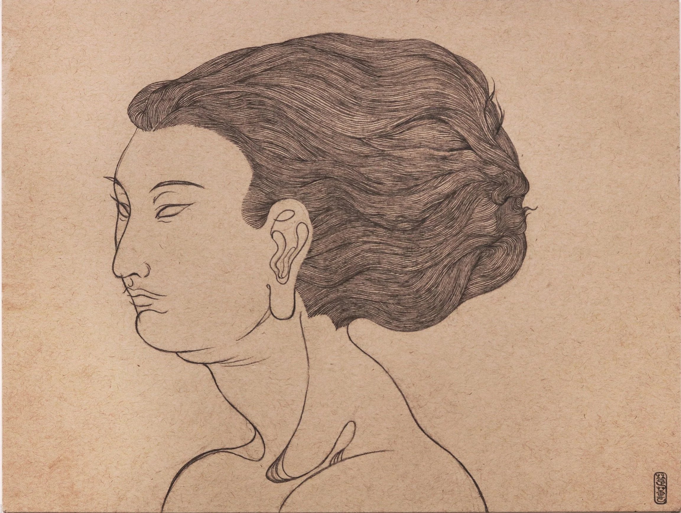 Line drawing of a woman with flowing hair and closed eyes on beige paper, featuring an Asian-inspired stamp in the bottom right corner.