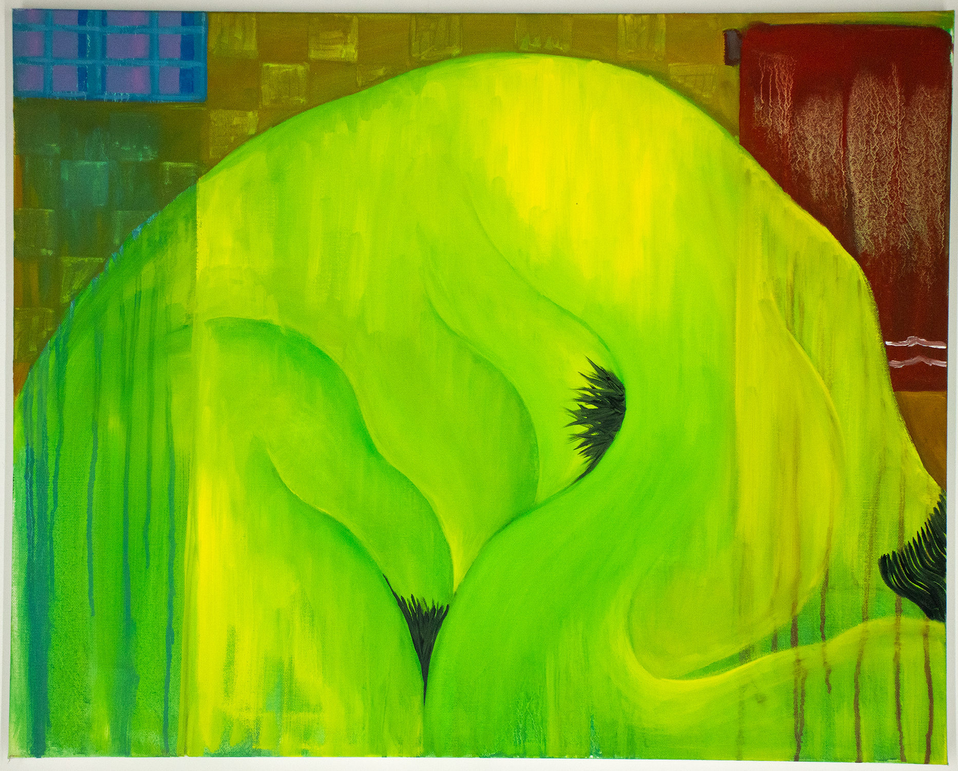 Close-up of a vibrant, abstract painting with prominent yellow-green and dark accents, featuring bold brushstrokes and layered textures.