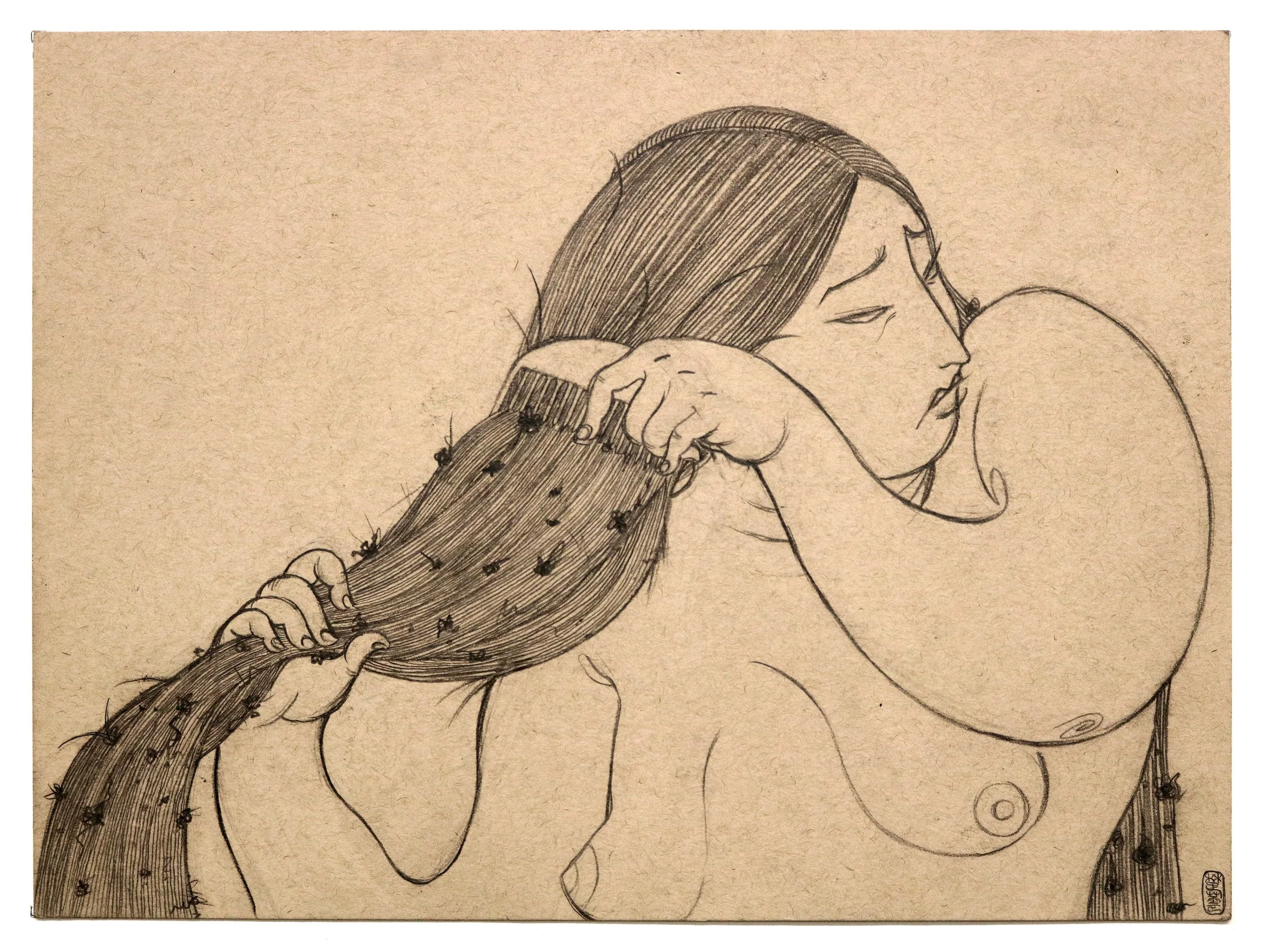 Sketch of a woman with long hair, holding a large, textured leaf, with her face resting on her arm.