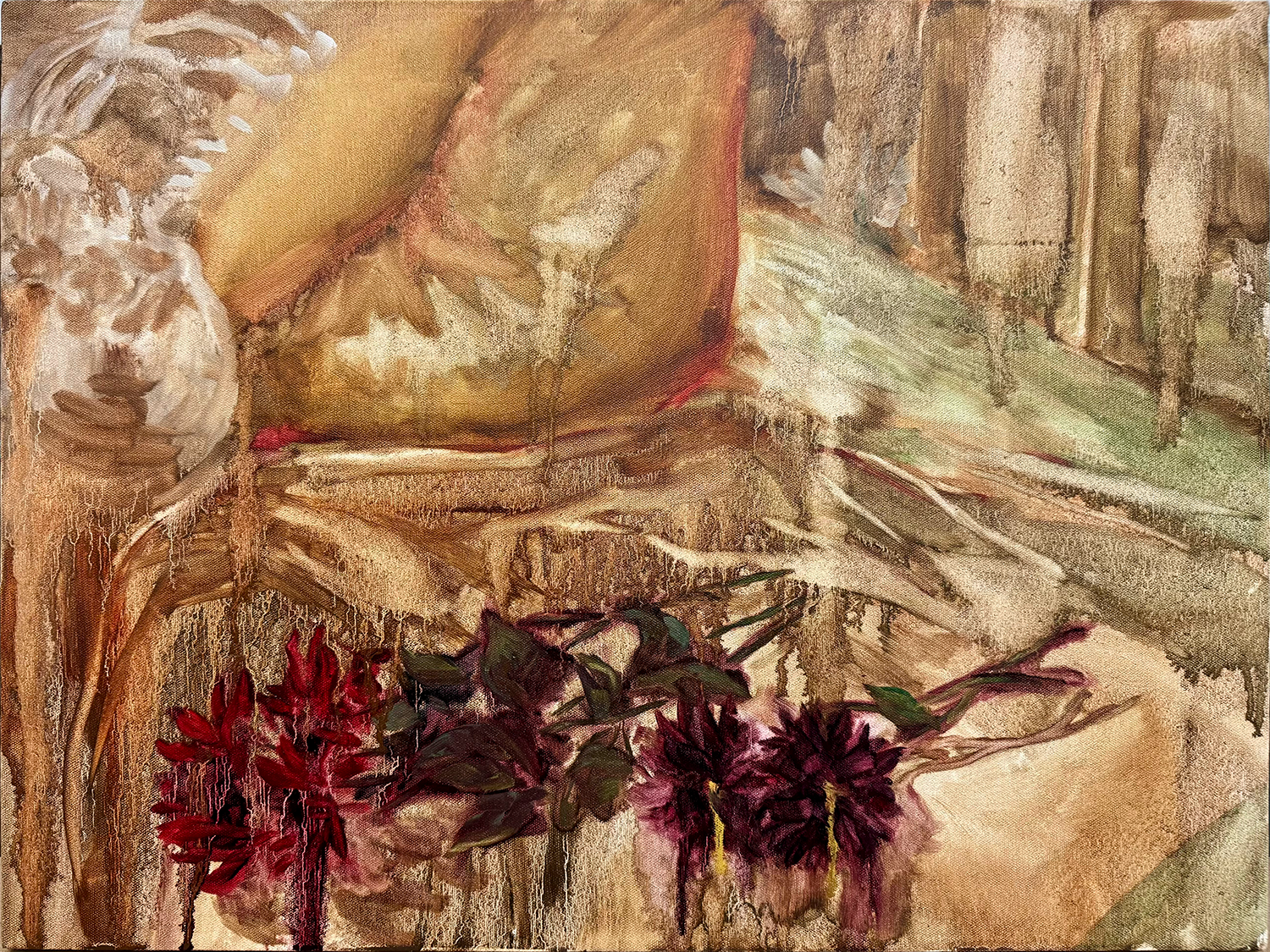 A still life painting featuring a human skull, a glass jar, and a bouquet of dark red and green flowers, arranged on a surface with an abstract background.