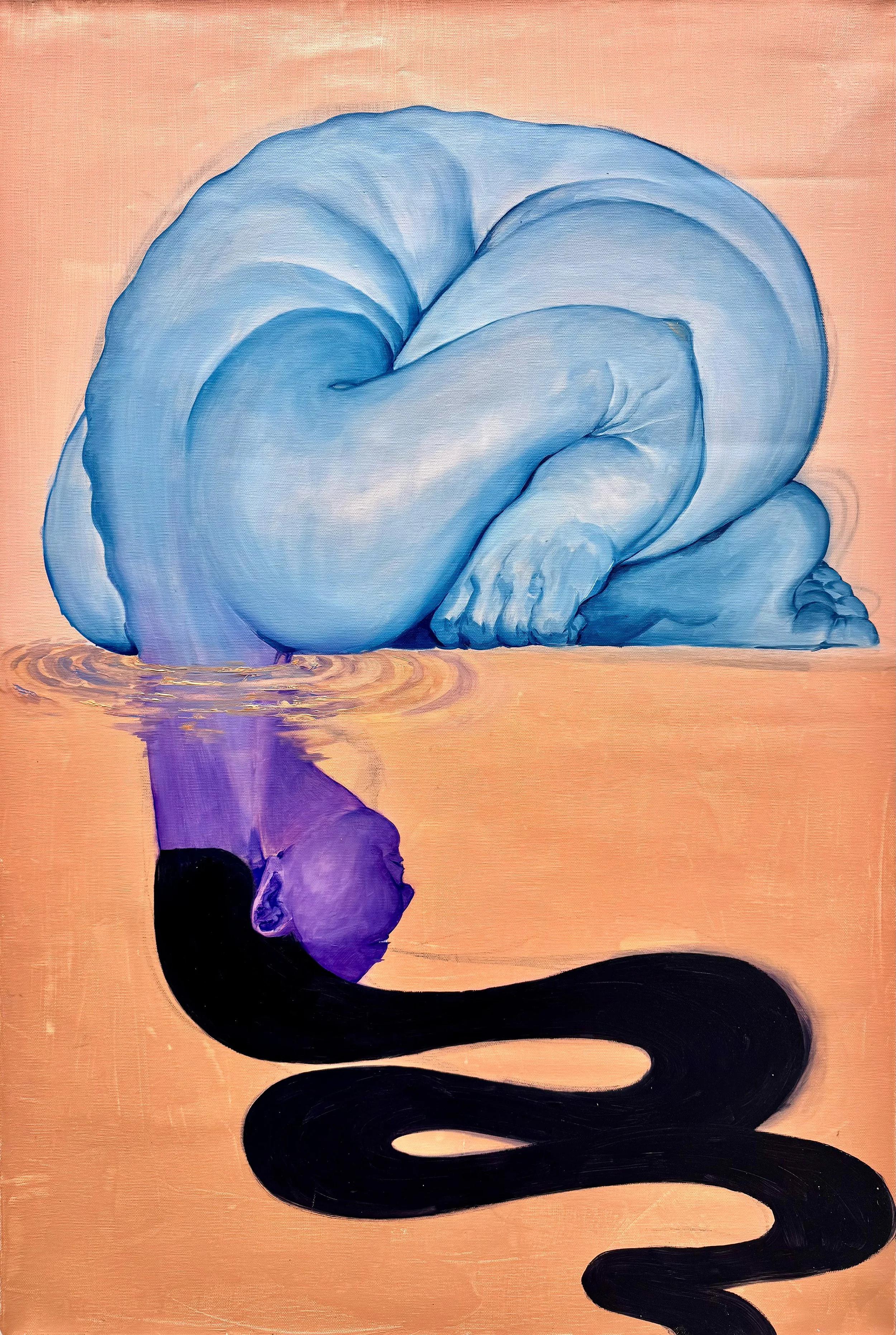 A stylized painting of a person with purple skin, lying upside down, with a large blue and white cloud of smoke or vapor positioned above their head, on a warm orange background.