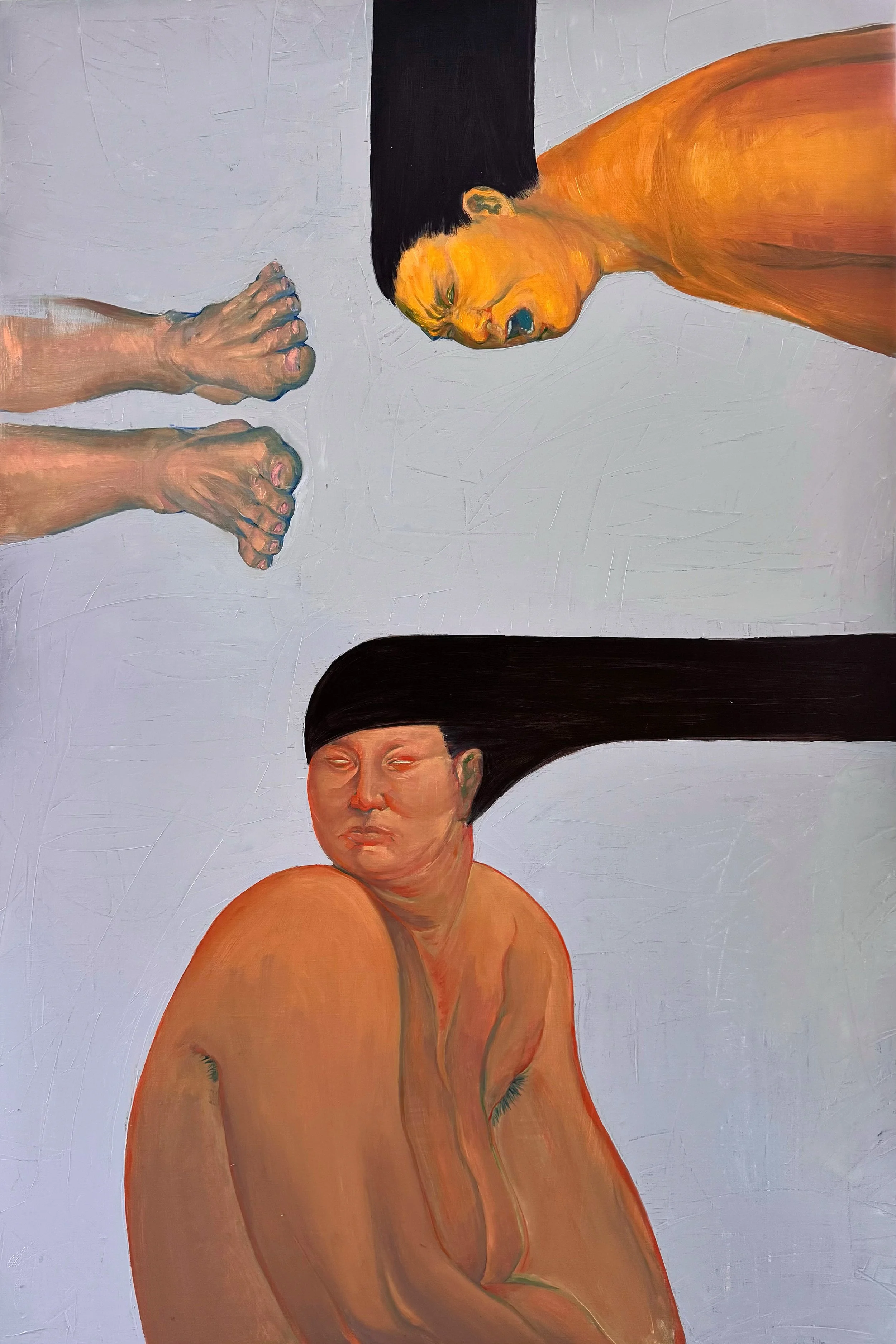 A painting of three women with different backgrounds, one with dark hair and dark skin, one with black hair and light skin, and one with short hair and light skin, in a surreal style with exaggerated features and vibrant colors.
