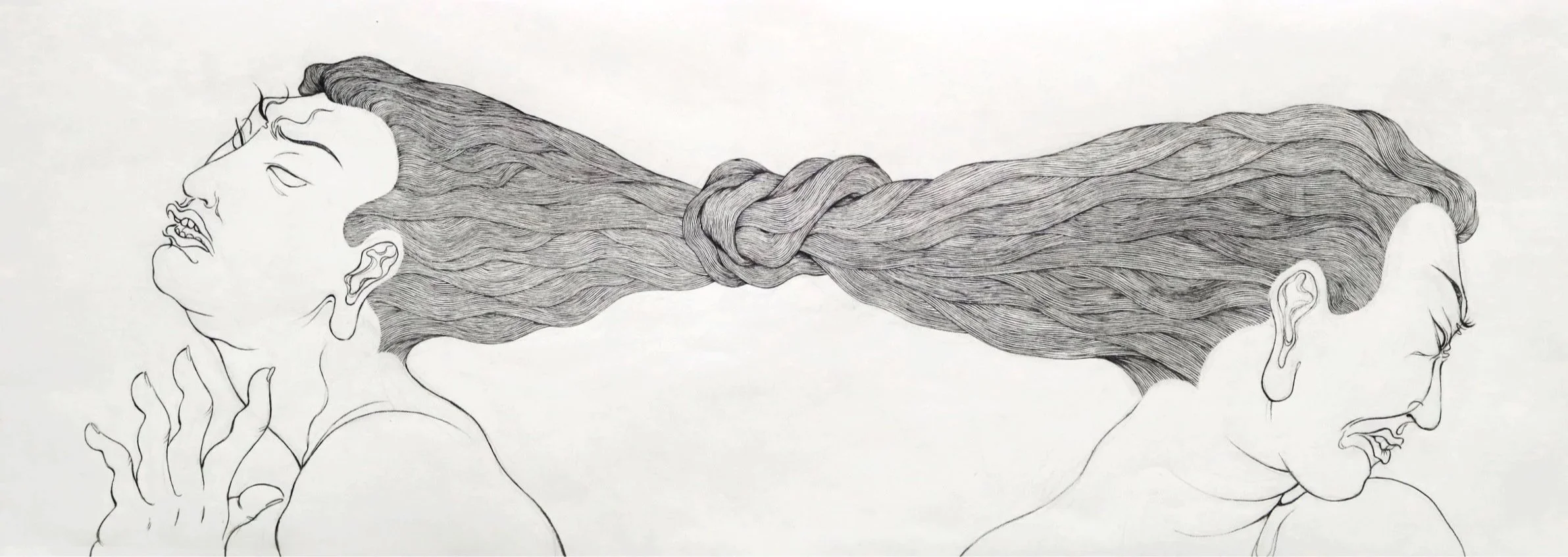 Line art drawing of two women with long, flowing hair intertwined, one with a thoughtful expression and the other with a neutral face.