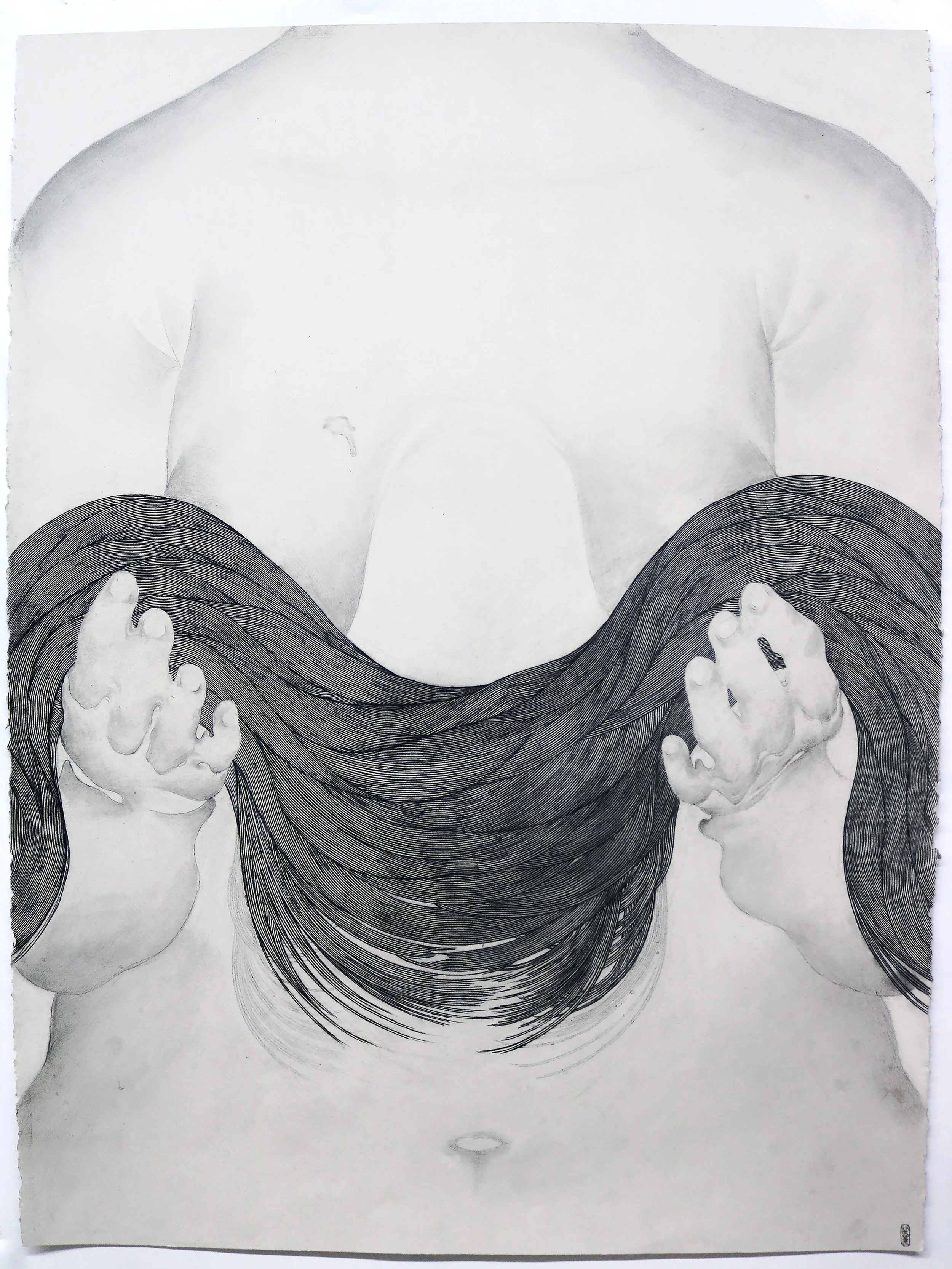 Black and white artistic drawing of a woman's face with long flowing hair, showing only the forehead, eyes, nose, cheeks, and mouth, with the hair covering the neck and shoulders.