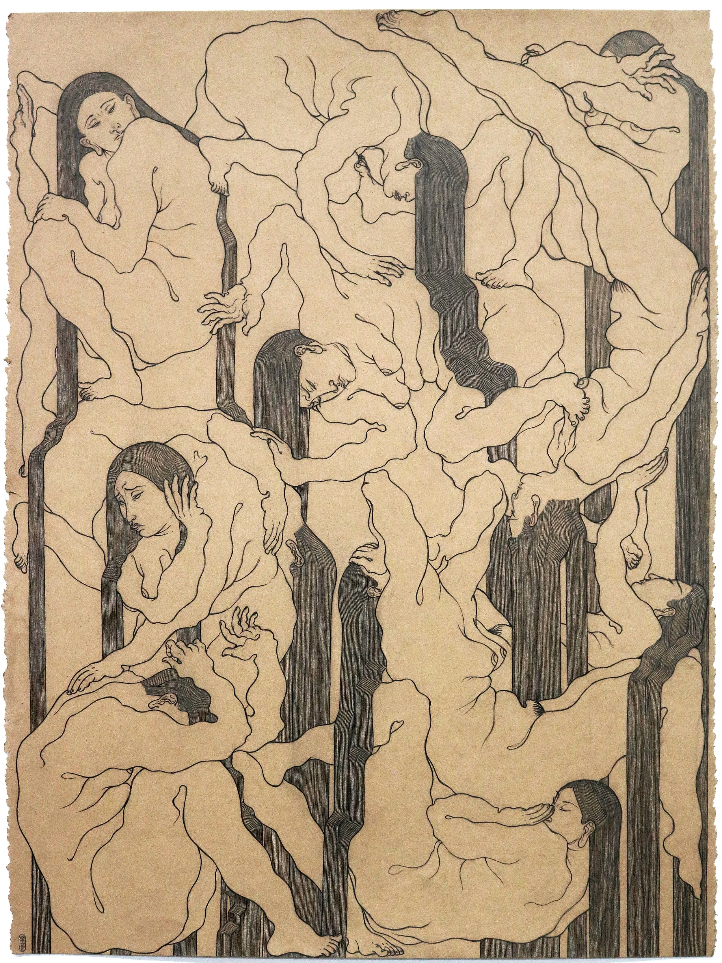 A line drawing of multiple human figures intertwined with tree-like branches and roots, with some figures resting, lying, or touching, creating an intricate, organic composition.