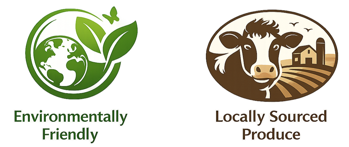 Environmentally friendly and locally sourced produce logos with a globe and leaves, and a cow on farmland.