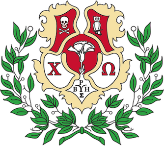 The image features a Lazio sports team crest with a shield, surrounded by green laurel branches. The shield has a skull and crossbones, a white owl, and a fan palm, with Greek letters Chi and Omega, and a small emblem with the letters BHM.