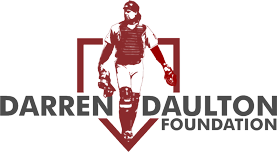 Logo of the Darren Daulton Foundation featuring a red baseball player silhouette inside a red shield