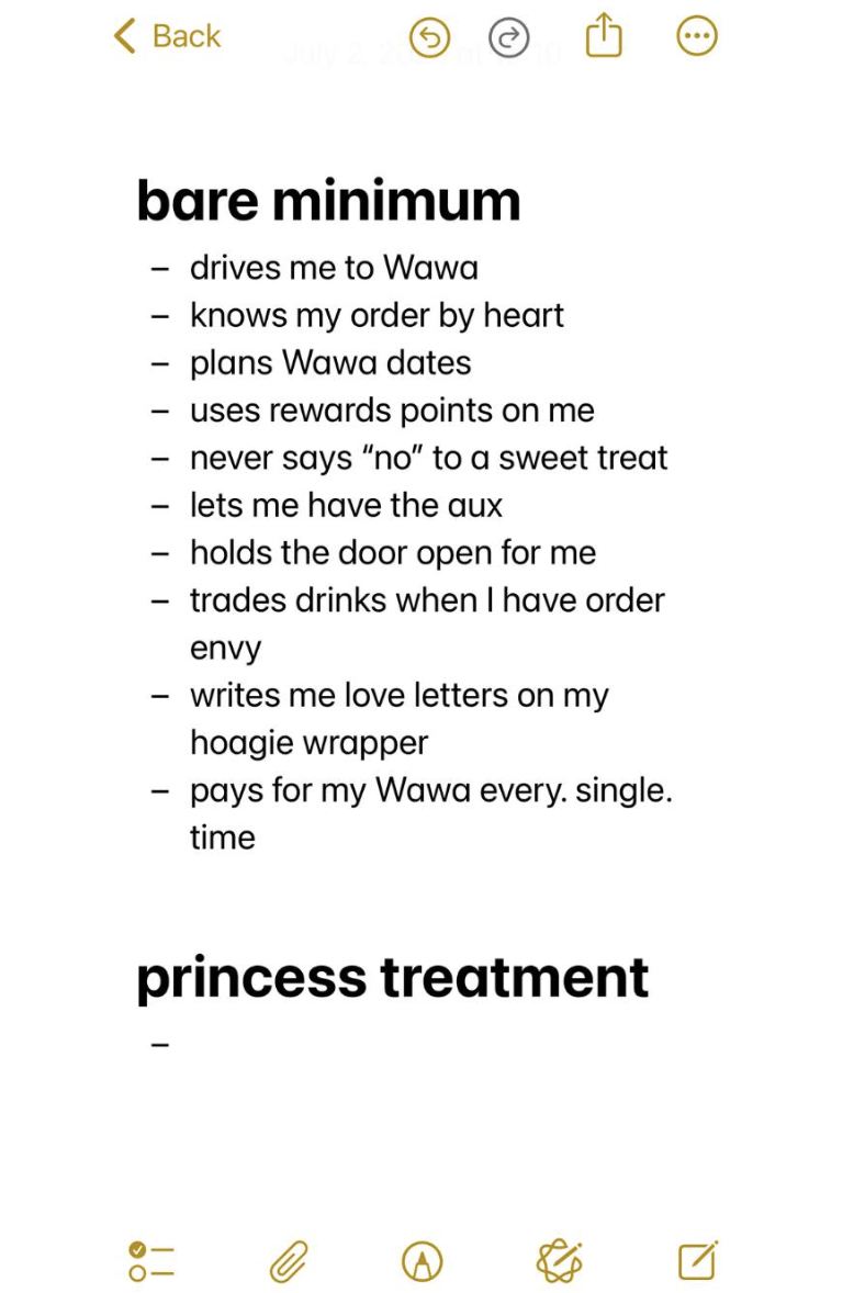 A handwritten list on a white background with bold headings 'bare minimum' and 'princess treatment.' The list under 'bare minimum' includes items about a woman referencing her relationship and interactions with a person who takes her to Wawa, knows her preferences, plans dates, uses rewards points, and pays for her. The rest of the list includes details about their connection and activities they do together.