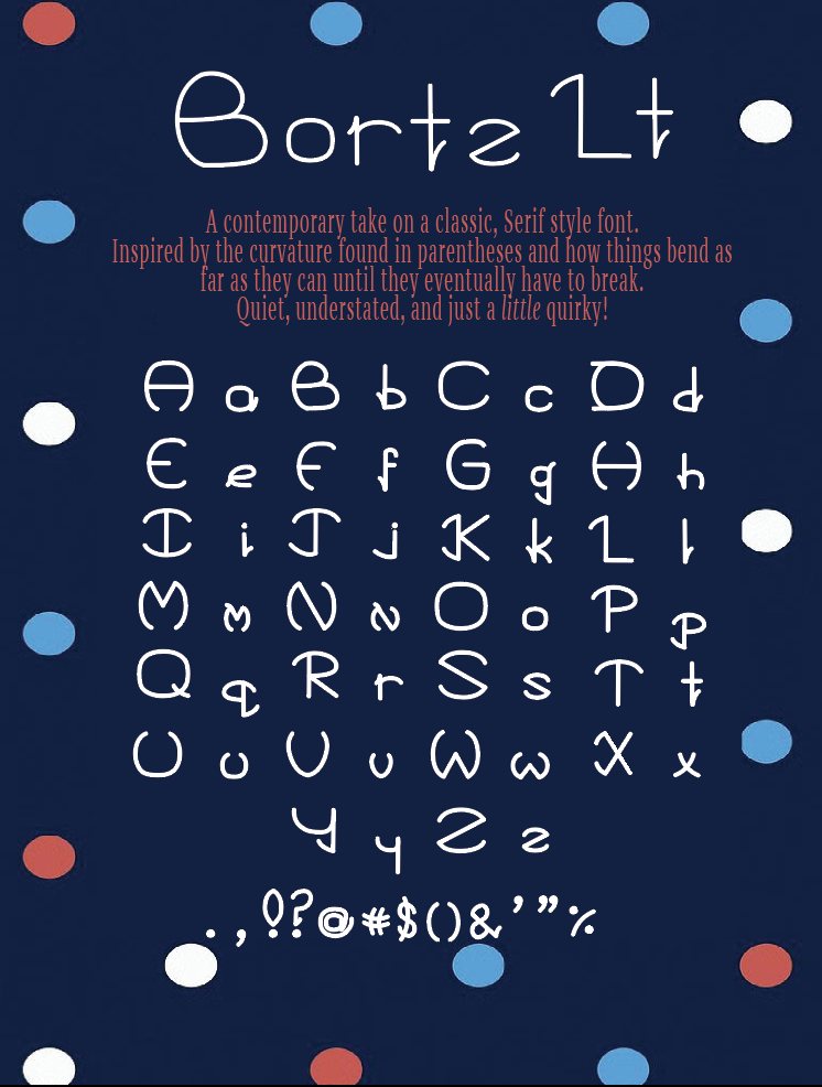 A modern, quirky serif style font alphabet displayed on a navy blue background with multicolored polka dots. The font is named Bortz Lit and includes uppercase and lowercase letters, along with numbers and special characters.