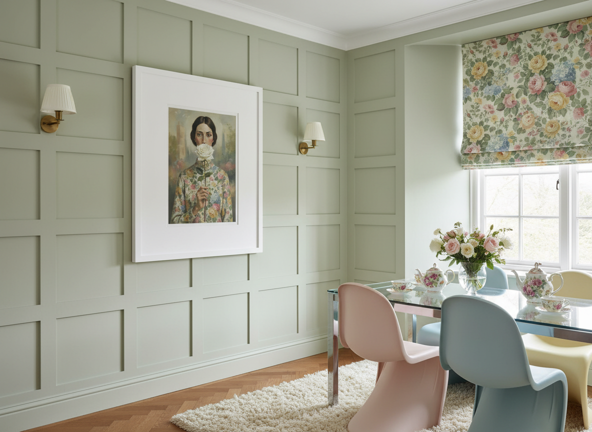 A chintz patterned country home dining room with retro furniture
