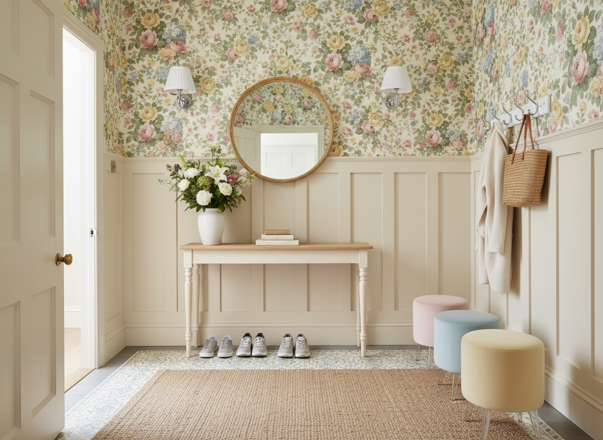 A modern chintz entrance hall, butter cream and soft muted colour scheme