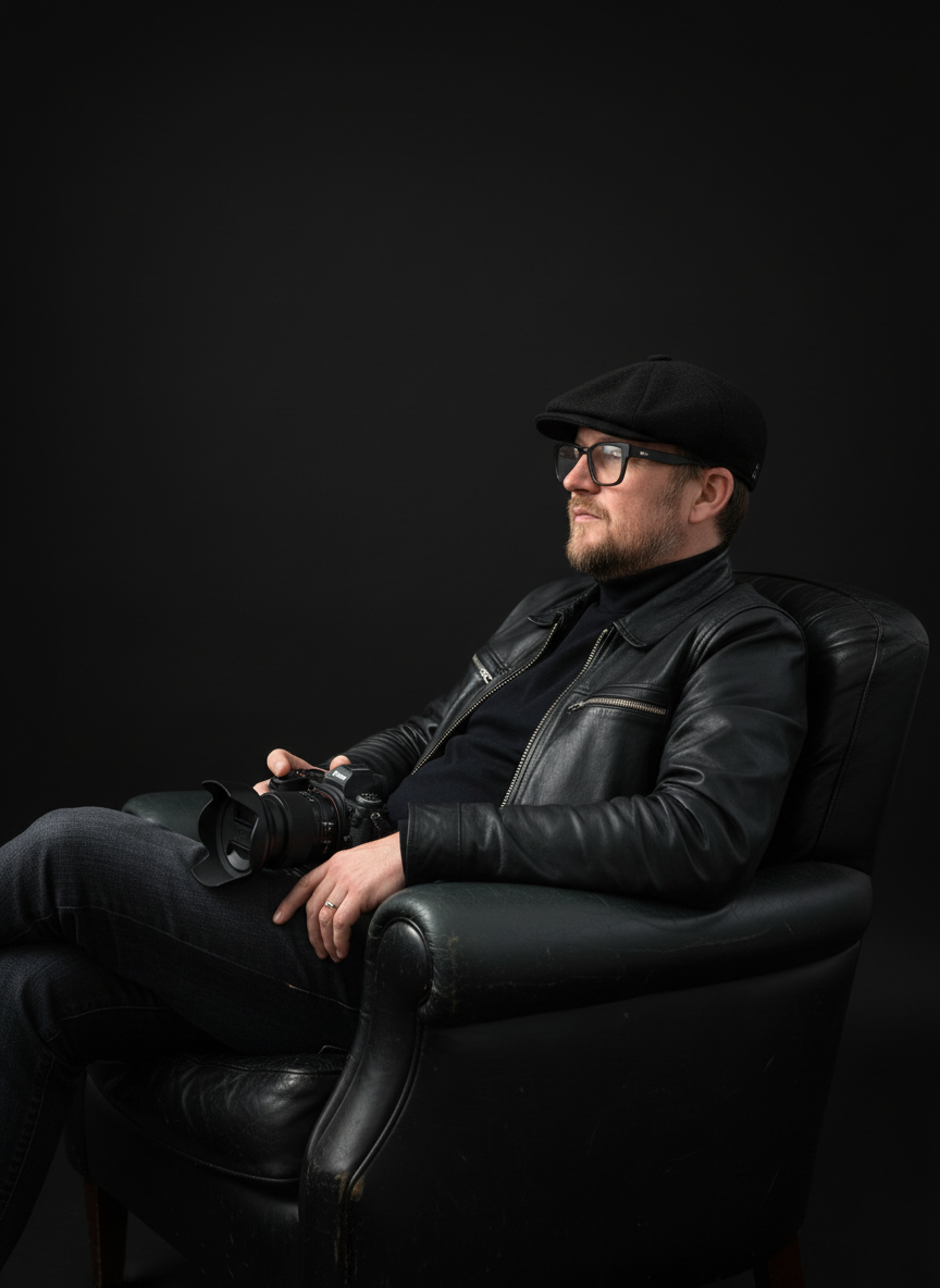 A man with glasses, wearing a black flat cap and leather jacket, sitting in a black leather armchair against a black background, holding a camera.