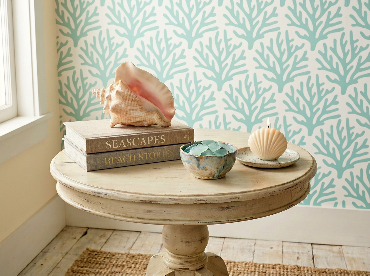 Sea coral inspired wallpaper and vintage table in a coastal home