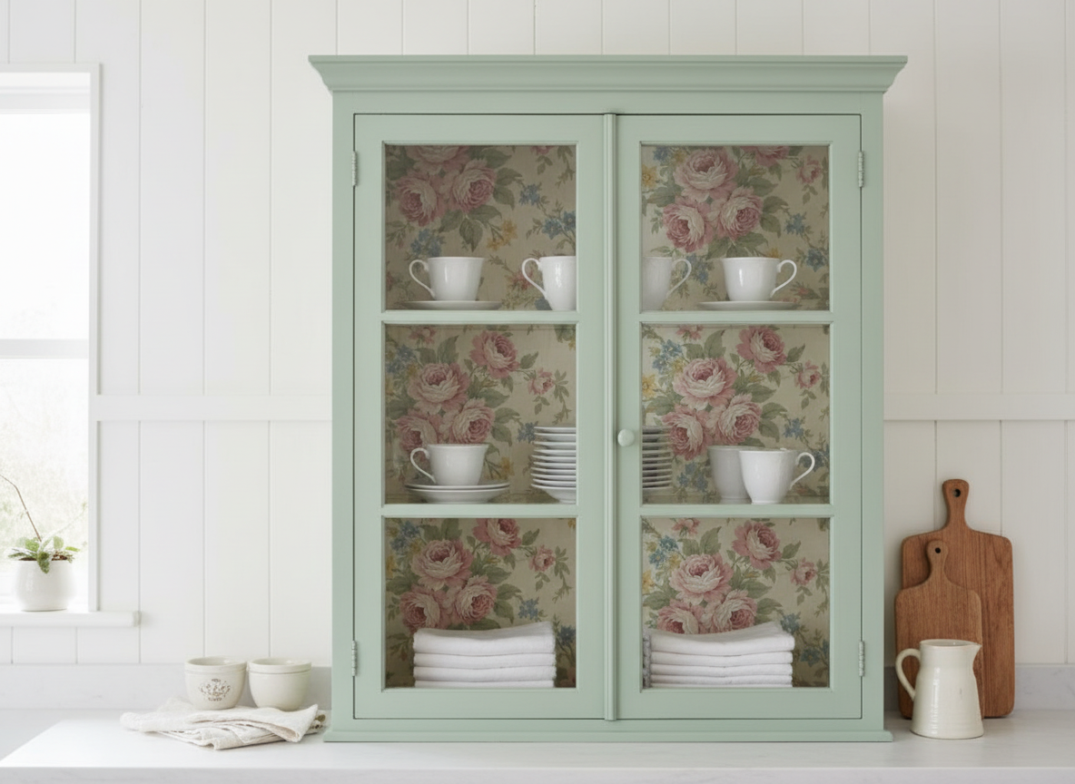 Apretty chintz lined painted vintage cabinet