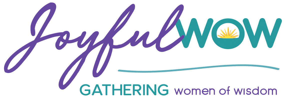 Logo for Joyful WOW Gathering featuring script font for 'Joyful' and bold text for 'WOW' with a sunburst in the letter 'O', and smaller text for 'GATHERING women of wisdom'.