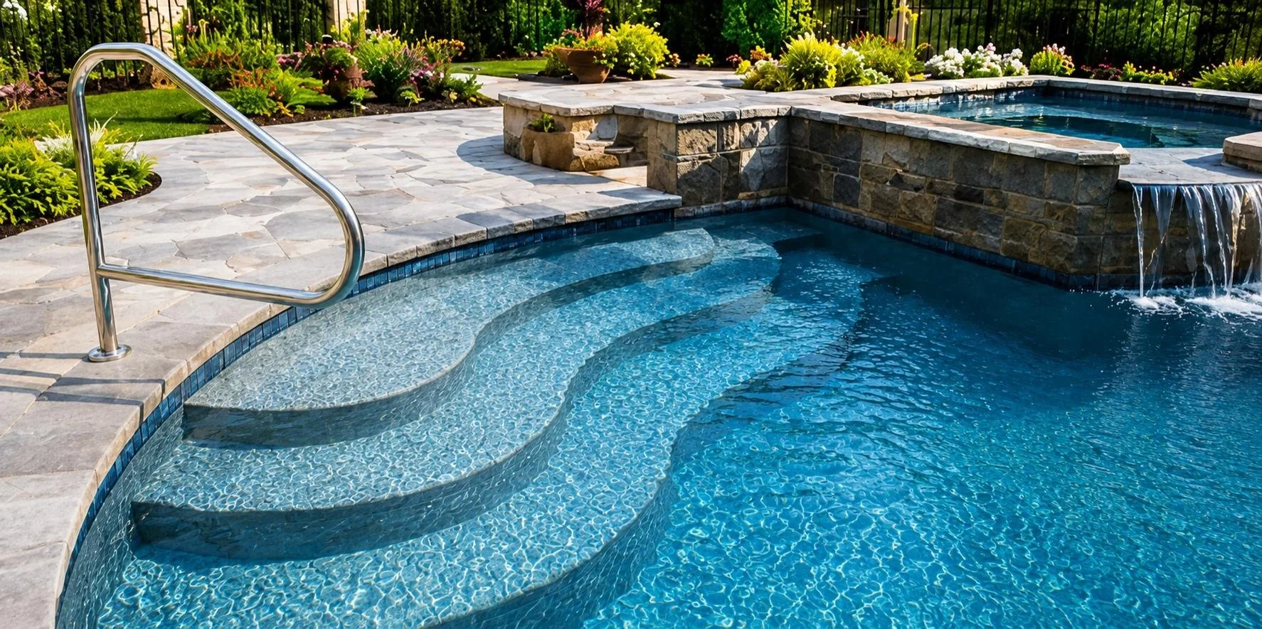 Custom pool steps and waterfall feature by Luck Lagoons