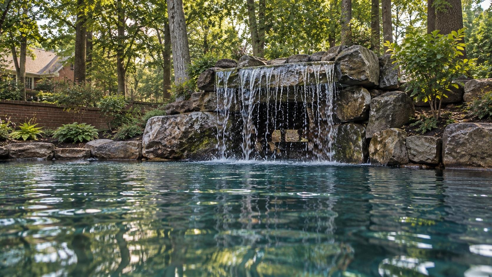Boulder waterfall spilling into a wooded swimming pool