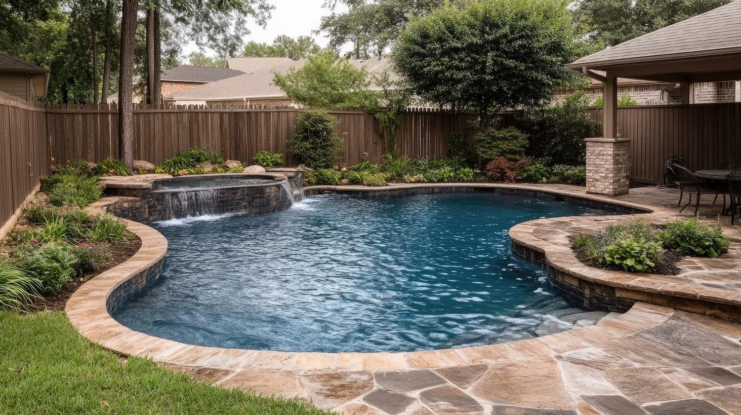 Curved luxury pool with water feature by Luck Lagoons